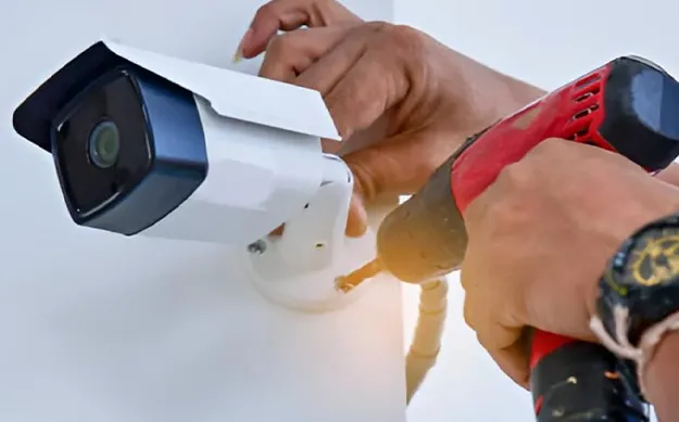 Installation d'une caméra de surveillance sur un mur extérieur