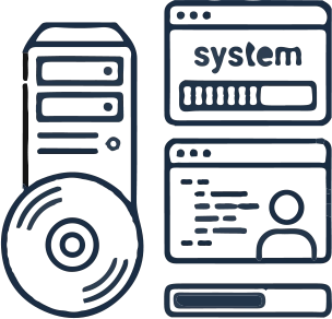 Icône d'un ordinateur de bureau, d'un code source et d'un disque système.