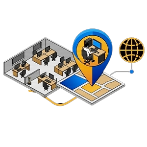 Icône montrant un plan de bureaux avec un marqueur de position et un câble réseau, symbolisant l'installation physique des postes sur site.