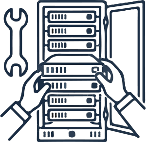 Icône de mains installant un serveur dans un rack informatique.