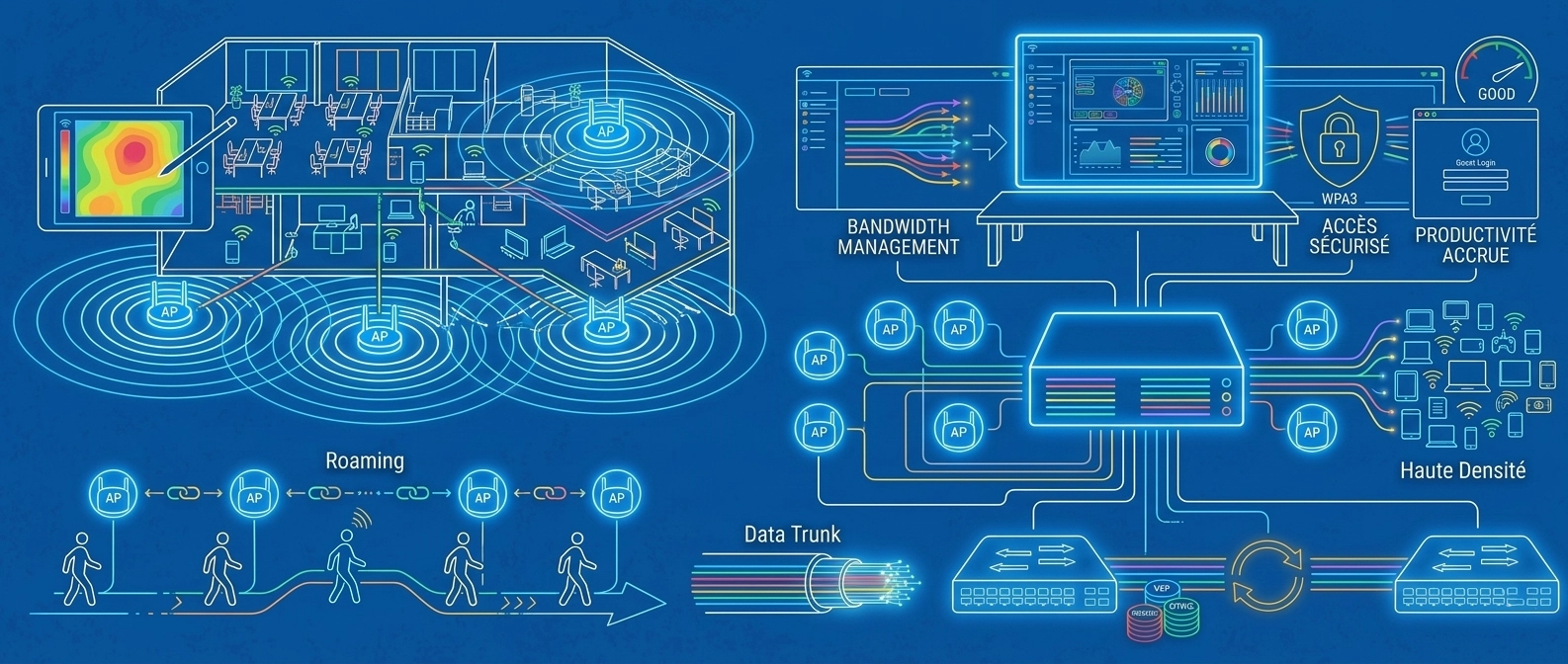 Illustration d'une couverture WiFi totale avec étude de signal (heat map), roaming fluide pour les utilisateurs et accès WPA3 sécurisé.
