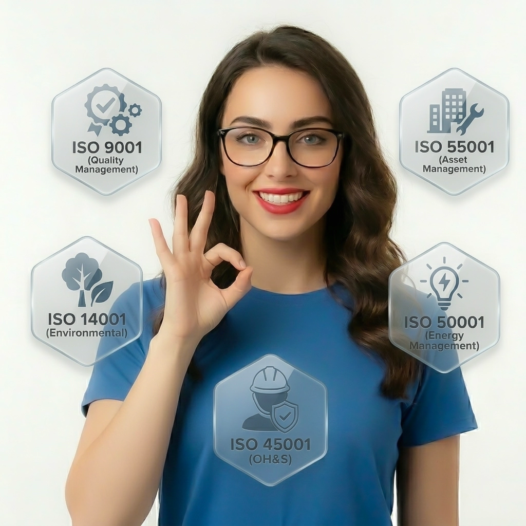 Technicienne de Best PC présentant les certifications ISO 9001, 14001, 45001, 50001 et 55001.