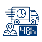 Icône stylisée en ligne bleu montrant un camion de livraison en mouvement avec une horloge sur le côté, un marqueur de carte et un affichage numérique de "48h"