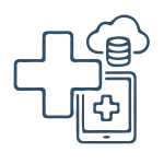 Icône d'une croix médicale stylisée positionnée au-dessus d'une tablette d'information et d'un nuage de données, pour les hôpitaux et cliniques.