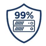 Un blason protecteur en contour bleu foncé, renfermant l'inscription "99%" et deux unités de NVR en rack avec un bouton d'alimentation.