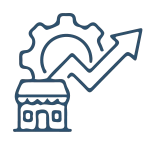 Icône graphique illustrant un petit bâtiment d'entreprise avec un engrenage et une flèche de croissance ascendante, symbolisant les PME et TPE.