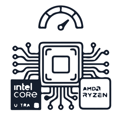 Icône de CPU avec logos Intel Core Ultra et AMD Ryzen, symbolisant la puissance hybride.