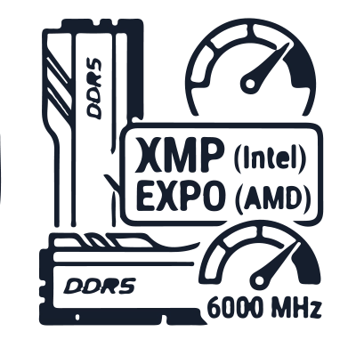 Barrettes DDR5 avec indicateurs 6000 MHz et profils XMP/EXPO, illustrant la réactivité.