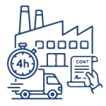 Icône au trait bleu d'un camion de livraison et d'un bâtiment d'usine, avec un chronomètre indiquant "4h" et un contrat, représentant le délai d'intervention sur site pour les entreprises.