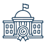 Icône d'un bâtiment gouvernemental classique avec un sceau officiel et un mât de drapeau, symbolisant le secteur public et les administrations.