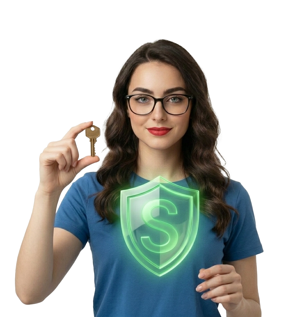 Une technicienne informatique de BestPC Tunisie tenant une clé physique devant un bouclier numérique lumineux, symbolisant la sécurité informatique et la protection des données.