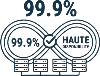 Icône d’un symbole de l’infini entrelacé avec le texte ’99,9 % HAUTE DISPONIBILITÉ’ et un point de vérification