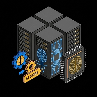 Illustration isométrique de racks de serveurs avec des motifs de cerveau lumineux et un engrenage bleu, représentant des serveurs conçus pour l'IA.