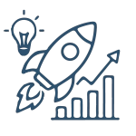 Icône d'une fusée en phase de lancement accompagnée d'une ampoule d'innovation et d'un graphique de croissance rapide, symbolisant les startups et scale-ups.