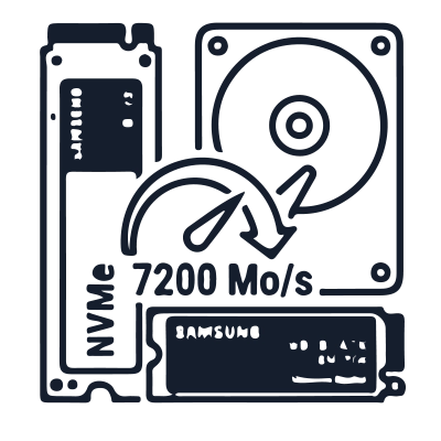 SSD NVMe et disque dur avec indicateur de vitesse 7200 Mo/s, pour des chargements instantanés.