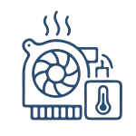 Un ventilateur d'ordinateur portable en train de tourner, avec des lignes ondulées rouges symbolisant la chaleur qui s'en échappe.