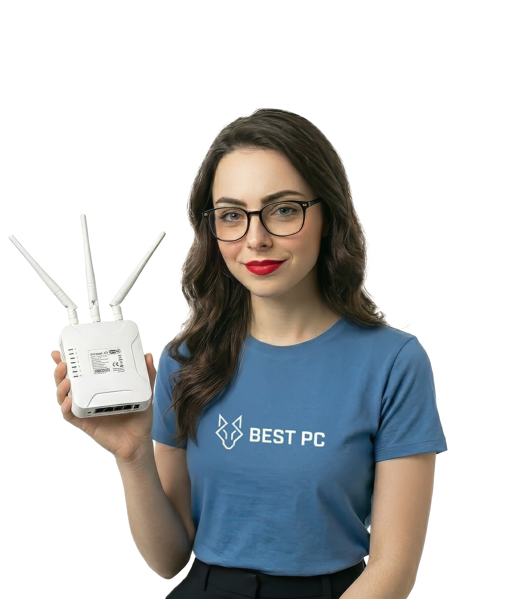 Une technicienne informatique de BestPC Tunisie tenant un routeur Wi-Fi pour une prestation d'installation réseau.