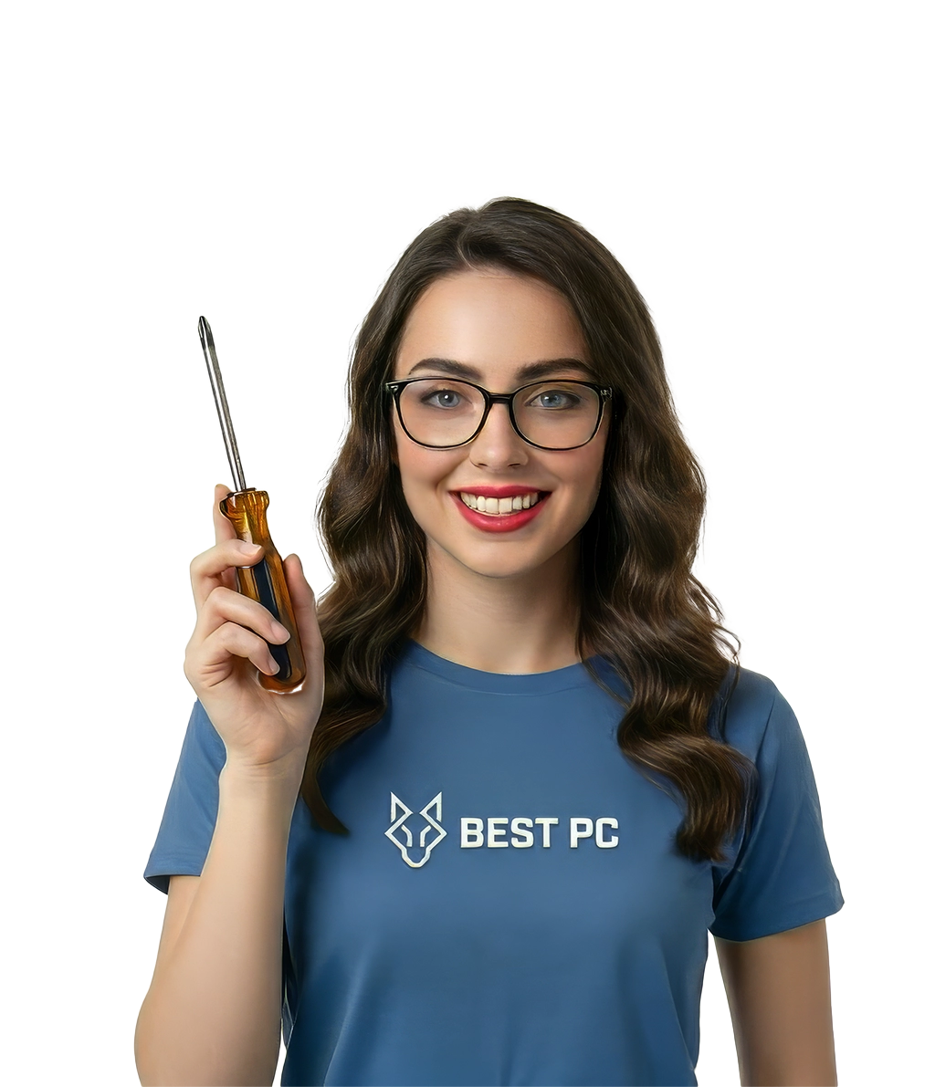 Une technicienne informatique de BestPC Tunisie tenant un tournevis, prête pour la maintenance et la réparation d'ordinateurs.