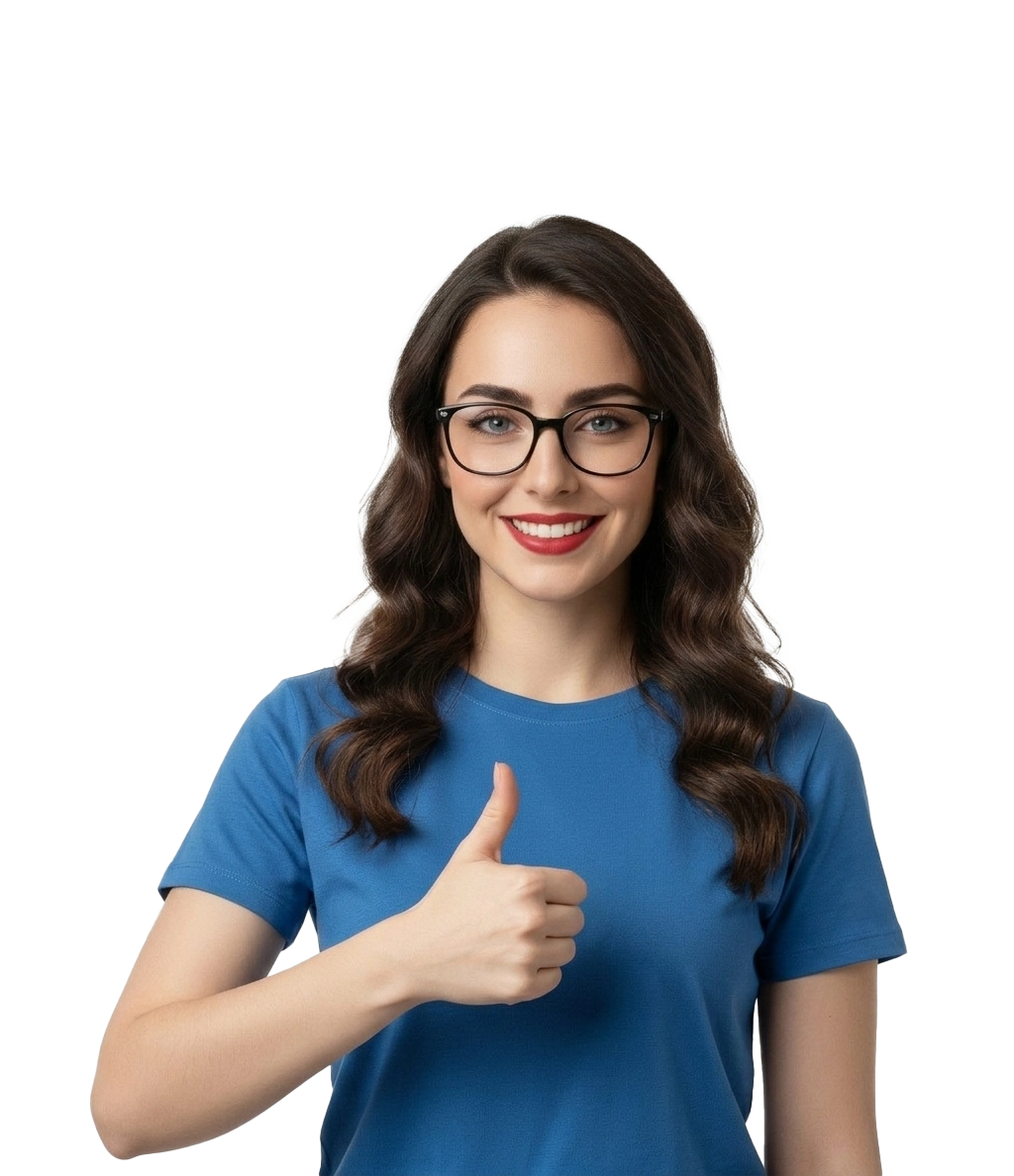 Une technicienne informatique de l'entreprise tunisienne BestPC, souriante et portant des lunettes, faisant un signe de pouce levé