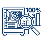 Icône stylisée en ligne bleu montrant l'intérieur d'une tour PC avec des graphiques de performance à 100% et une loupe.