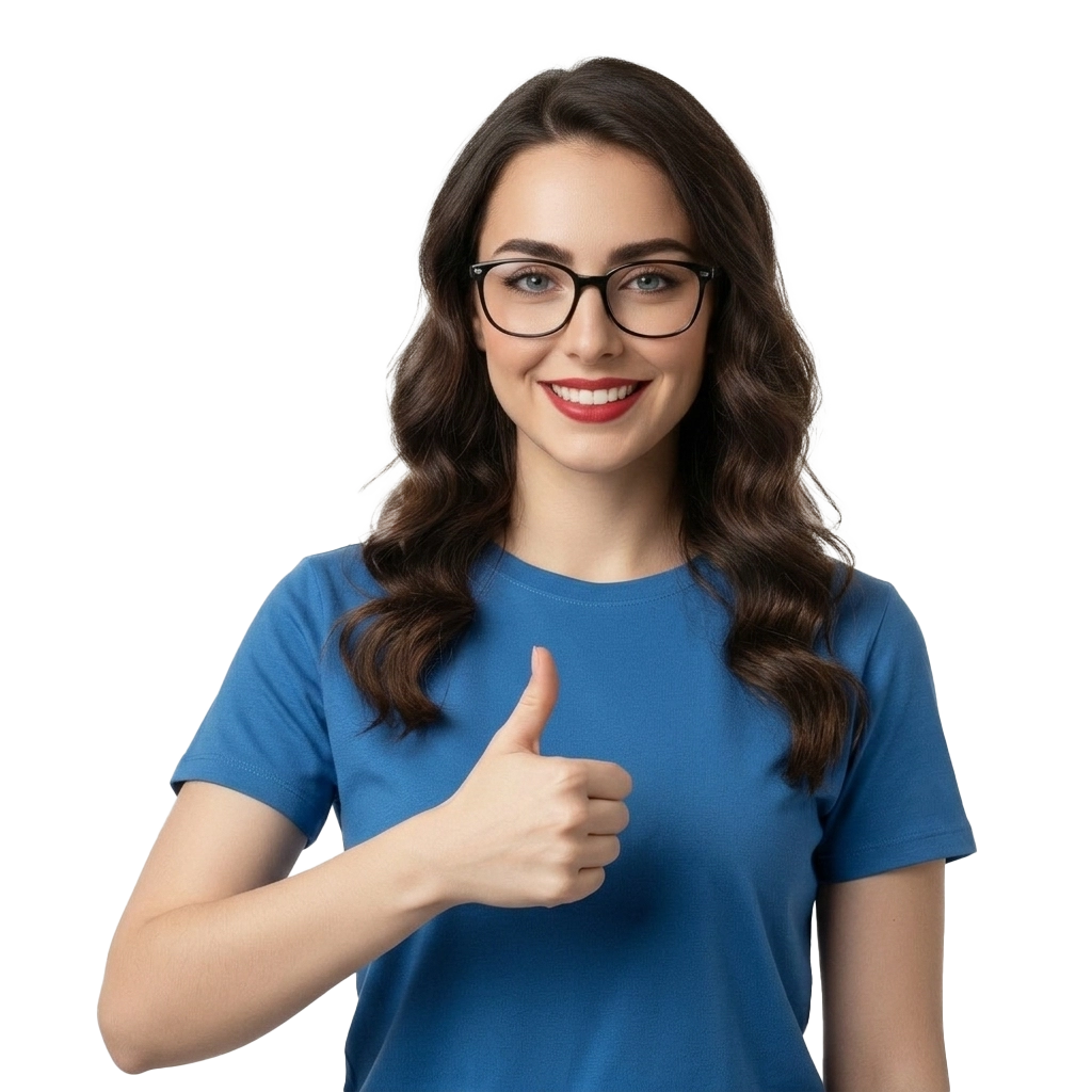 Une technicienne informatique de l'entreprise tunisienne BestPC, souriante et portant des lunettes, faisant un signe de pouce levé