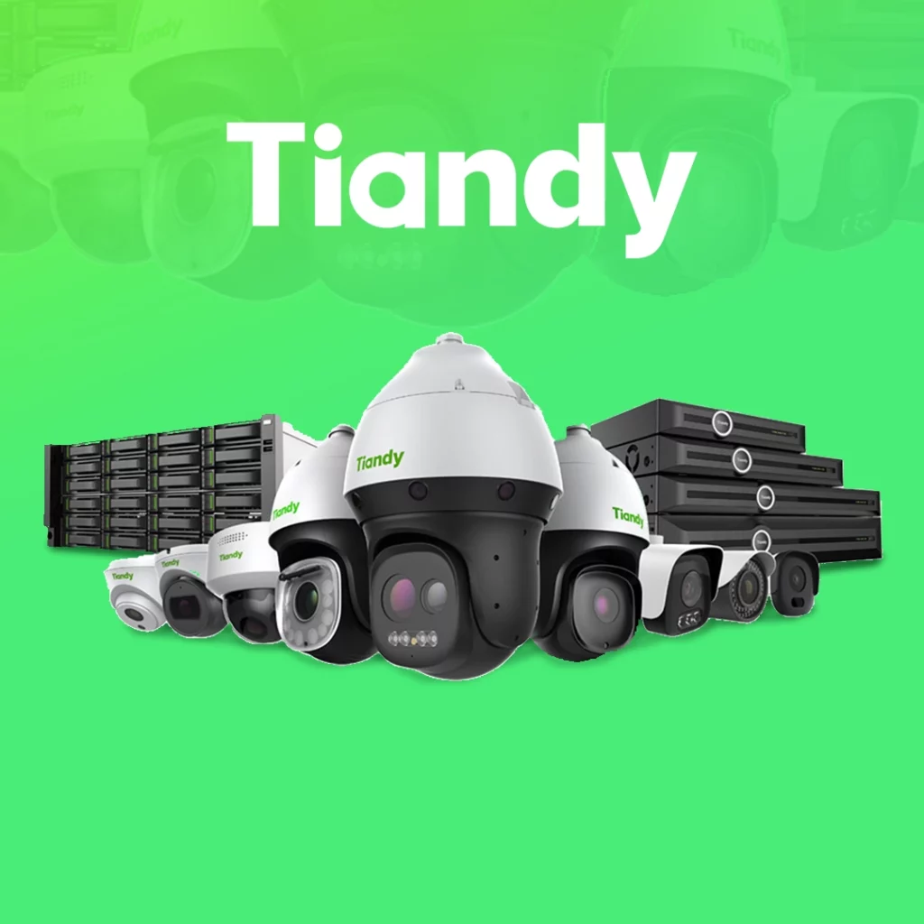 Gamme de produits de vidéosurveillance Tiandy, incluant diverses caméras IP et enregistreurs sur fond vert