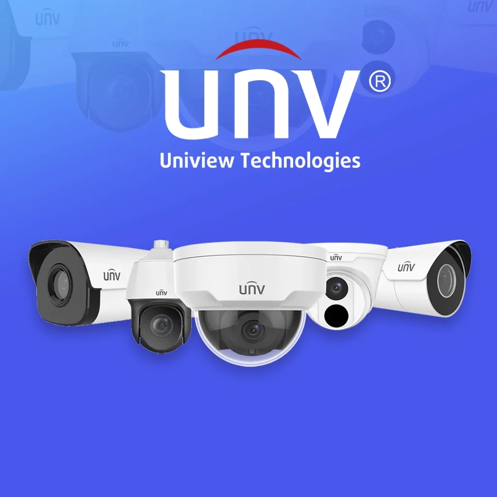 Logo Uniview Technologies (UNV) au-dessus d'une sélection de caméras de surveillance (dôme et tube) sur fond bleu.