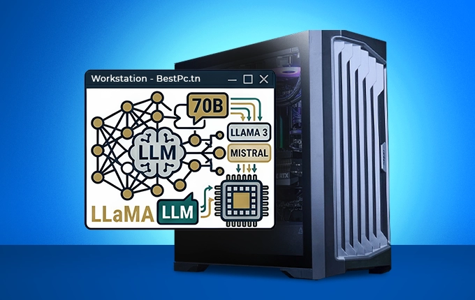 Station de travail BestPc dédiée à l'Intelligence Artificielle et aux modèles LLM (Llama 3, Mistral), optimisée pour le deep learning en Tunisie.