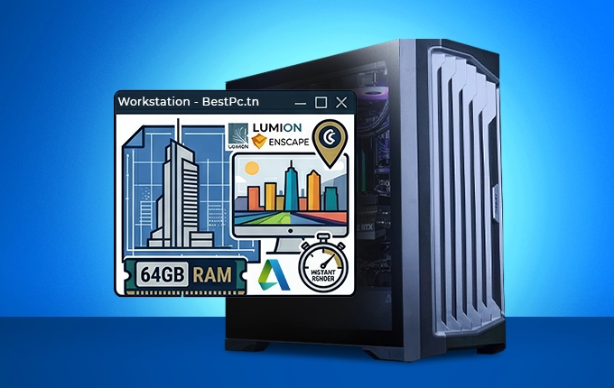 PC de bureau pour architectes chez BestPc.tn, idéal pour Lumion, Enscape et Autodesk avec 64 Go de RAM pour des rendus instantanés.