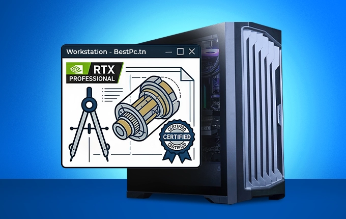 Station de travail BestPc Tunisie optimisée pour la CAO et le dessin industriel avec cartes graphiques NVIDIA RTX Professional certifiées.