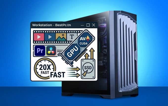 Workstation BestPc pour montage vidéo 4K/8K sous Premiere Pro et DaVinci Resolve, avec accélération GPU CUDA et stockage SSD ultra-rapide.