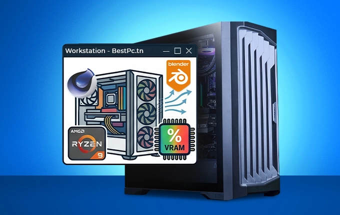 PC haute performance BestPc pour le rendu 3D sur Blender et Cinema 4D, propulsé par AMD Ryzen 9 et une large capacité de VRAM.