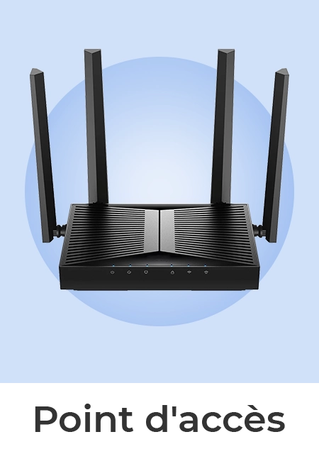 Un point d'accès ou routeur Wi-Fi noir avec quatre grandes antennes externes, sur un fond bleu clair.