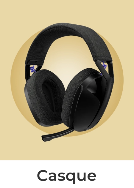 Un casque audio gamer noir avec microphone intégré, doté de petits câbles violets torsadés, sur un fond beige.