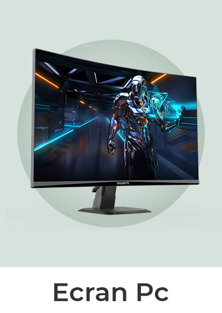 Un écran PC incurvé de la marque Gigabyte affichant un personnage futuriste en armure, disposé sur un fond vert clair.