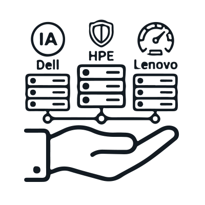 Illustration d'une main présentant trois unités serveurs surmontées des symboles IA (Dell), Protection (HPE) et Performance (Lenovo).