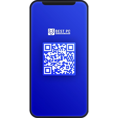 L'écran d'un smartphone affiche un fond bleu avec un code QR et le logo « BEST PC » au-dessus.