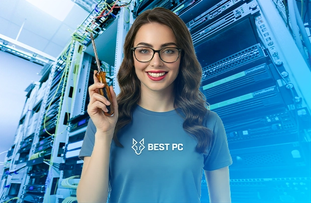 Une technicienne informatique de BestPC Tunisie tenant un tournevis devant une installation de serveurs en rack, illustrant la maintenance de centres de données.