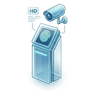 Un terminal d'accès sécurisé avec un écran de balayage d'empreintes digitales et une caméra de surveillance suspendue au-dessus.