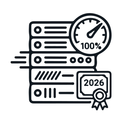 Symbole d'un serveur haute performance avec un indicateur de vitesse à 100 % et un sceau de certification marqué "2026".
