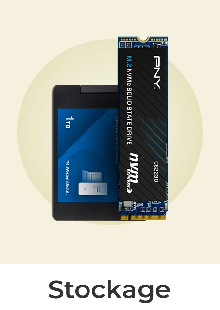 Deux solutions de stockage informatique : un SSD SATA Western Digital de 1 To et un SSD NVMe M.2 de la marque PNY, sur un fond beige.
