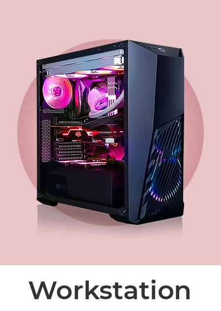 Une station de travail fixe et puissante de type PC gamer, avec des composants rétroéclairés en rose et violet visibles à travers une vitre, sur fond rose.