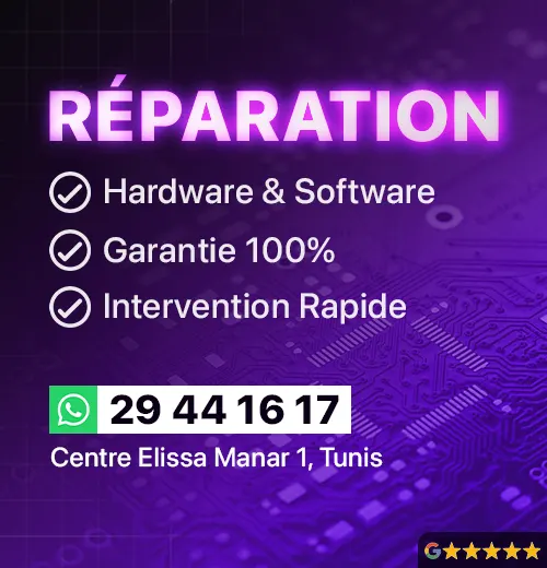 Purple advertisement for repair services, listing hardware and software repair, 100% guarantee, fast intervention, contact number, address, and five-star Google rating.